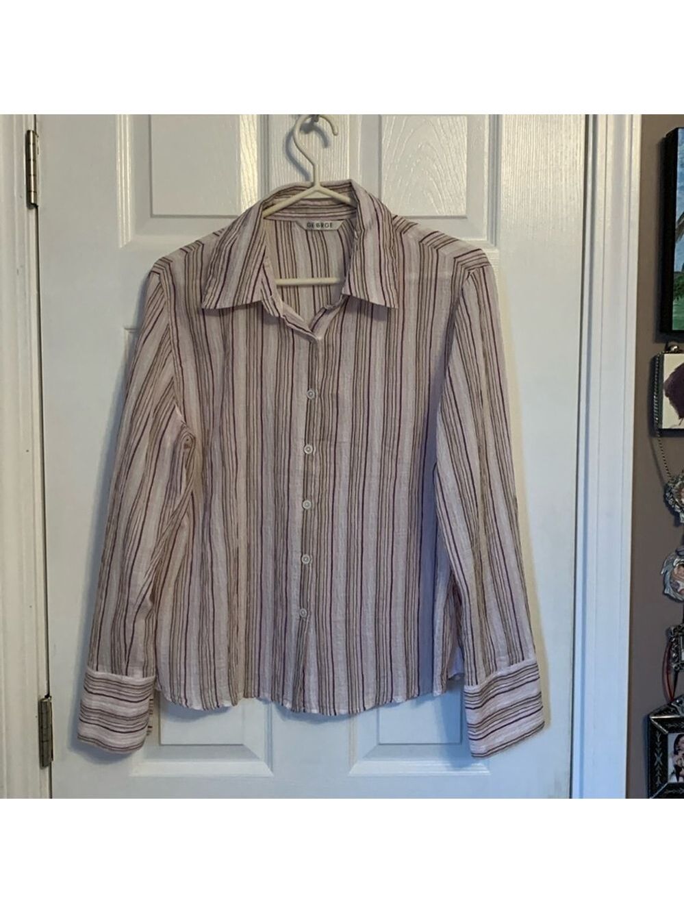 Large Pink, white and dark striped George blouse
